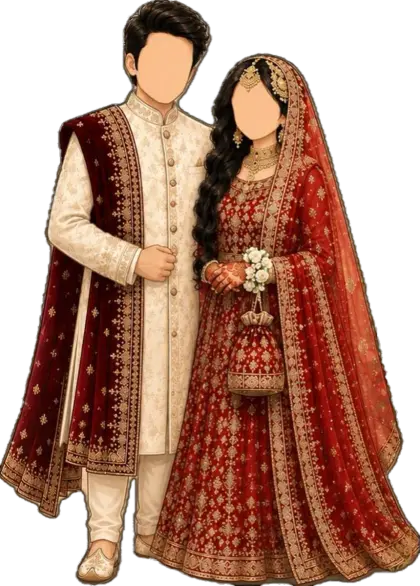 An illustrated bride in a red lehenga and a groom in an ivory sherwani with a maroon shawl, under a gold arch