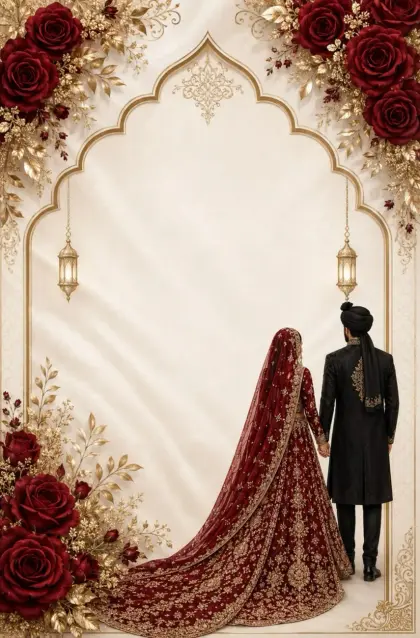 An ivory satin card with a gold Mughal arch, red roses, lanterns and an illustrated couple from behind